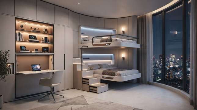 Modern Luxury Futuristic Bedroom Interior with Built-in Bunk Bed, Integrated Workspace, and City Night View Skyline