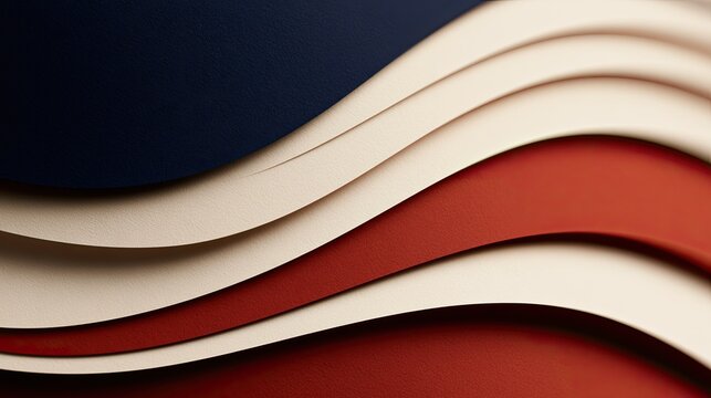Abstract background featuring layered wavy sheets in navy blue, cream, and red