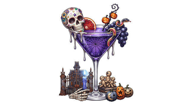Mysterious purple halloween cocktail in a martini glass with skull and gothic elements.
