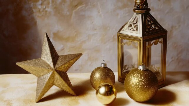 Festive gold holiday decorations with a large star, baubles, and a decorative lantern