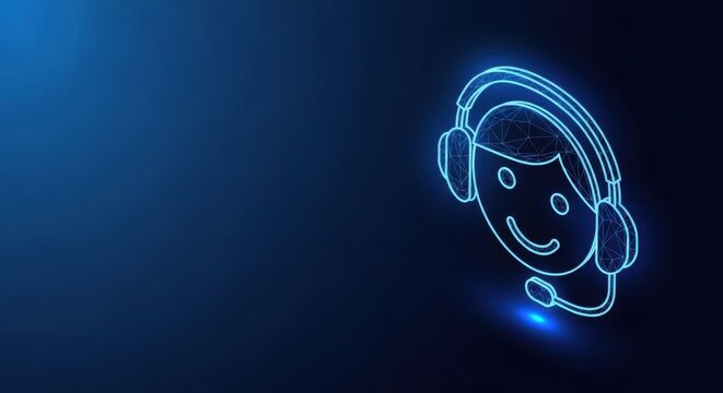Glowing neon wireframe headset icon representing customer service and communication on a dark blue digital background