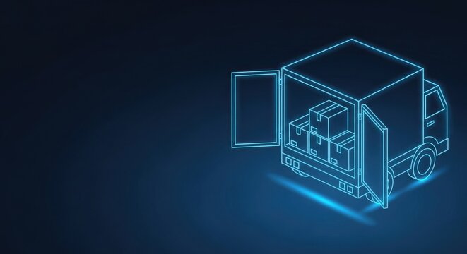 Delivery truck loaded with boxes in a blue neon outline against a dark background representing logistics and shipping.