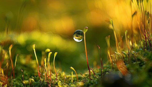 A single dewdrop balances on the tip of a green moss sprout in golden sunlight