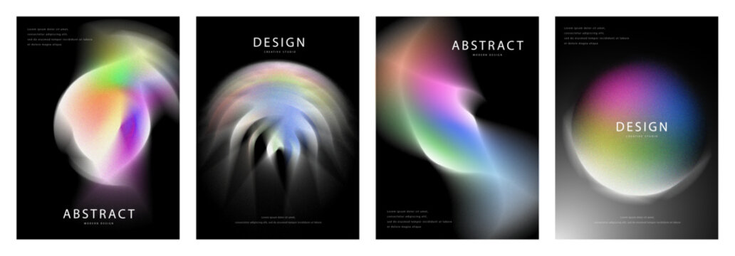 Holographic Gradient Poster Cover Templates on Black Background, Abstract Iridescent Blur Design Set for Brochure, Book Cover, Magazine and Business Presentation