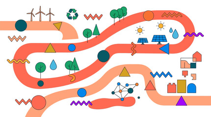 Naklejka premium Abstract sustainability roadmap vector illustration with renewable energy icons