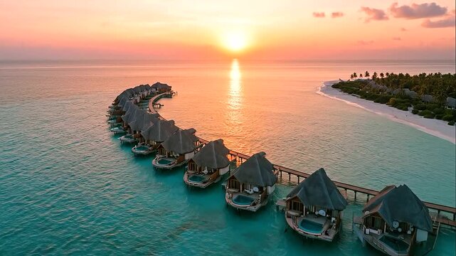 Drone panorama of thatched villas built above crystal-clear Maldivian waters with a curved wooden pier and warm evening sky, Maldives tourism, private resort, lagoon accommodation, tropical getaway, r