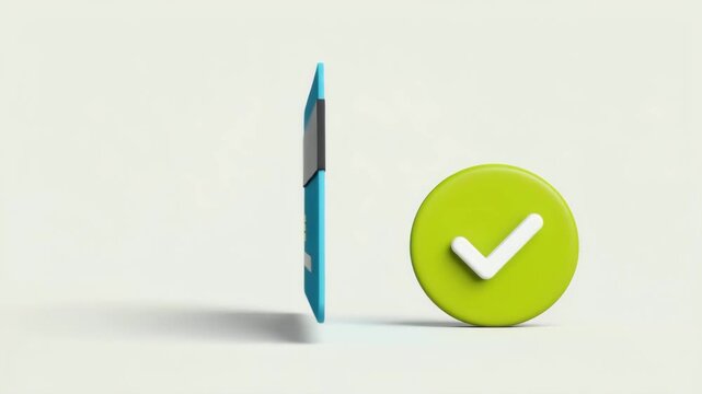 3D Blue Credit Card with Green Verification Check, Secure Payment, Transaction Approval and Digital Banking Concept