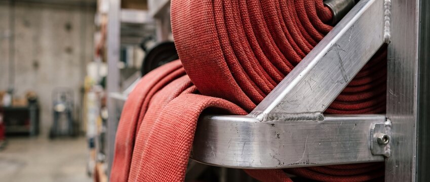 Rolled red fire hose stored on metal wall rack provides rapid deployment capability for industrial firefighting and emergency response teams