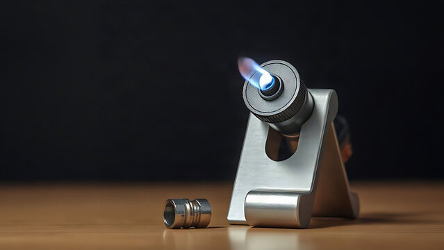 Heavy-duty metal torch with blue flame and metal joint sample on display stand, practical preparedness and hardware tool concept