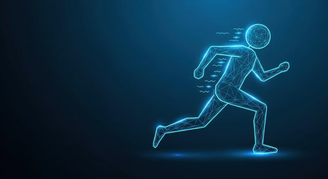 Abstract glowing blue digital runner in motion, symbolizing speed and athletic performance