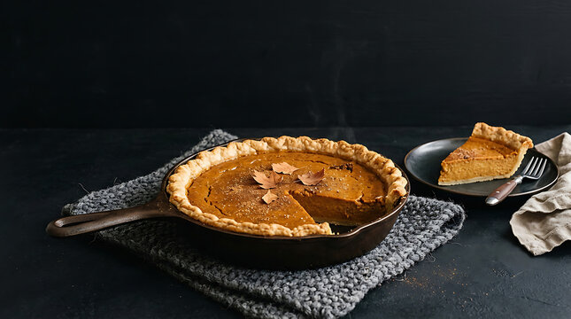 Homemade pumpkin pie with a slice served on a dark table.