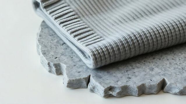 Folded grey sweater on stone slab, cozy knitwear and natural texture concept