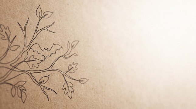 Minimalist Minimal Black Line-Art Autumn Botanical Silhouette on Kraft Texture Background for Seasonal Campaign
