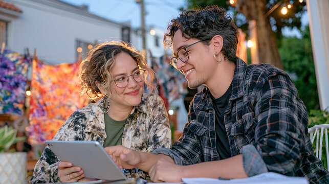 A tie dye artisan and a teenager work side by side at twilight examining a returns fraud prevention report on a tablet, vibrant fabric pieces hanging on a line behind them, intergenerational crafts 