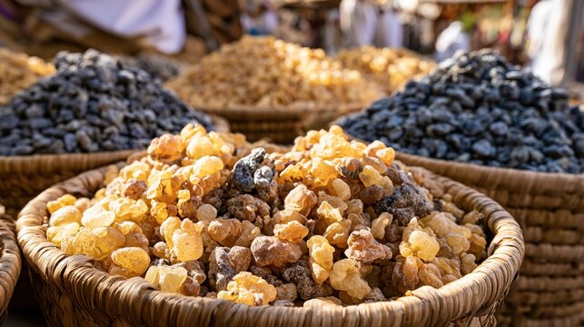 frankincense. Market stall with woven baskets filled with various grades of amber resin. pitch deck slides, case study pages, designed for corporate presentation decks and stakeholder reports.