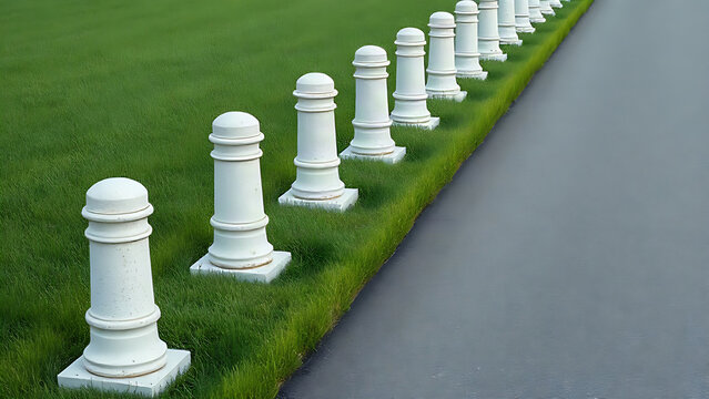 Row of white stone bollards and manicured lawn, boundary and landscaping concept