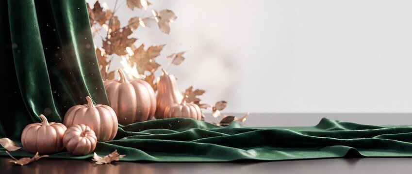 Luxury Velvet Emerald Green Background with Rose Gold Pumpkins Background for Seasonal Campaign