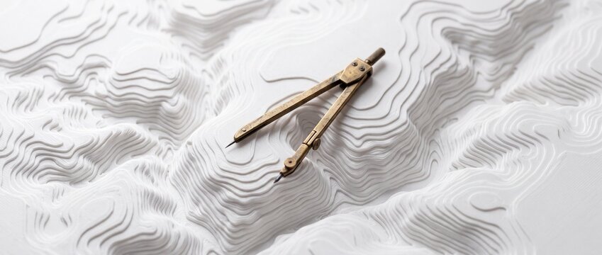 Brass divider compass lies atop white monochromatic architectural scale model of mountainous terrain for cartography and land surveying