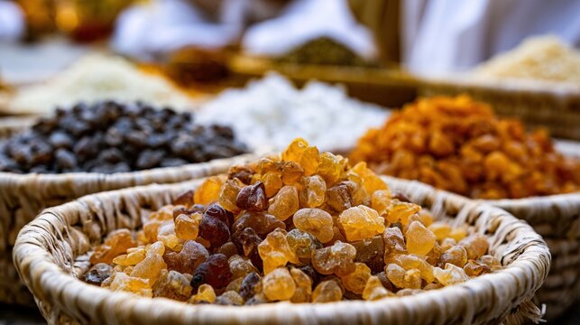 frankincense. Market stall with woven baskets filled with various grades of amber resin. pitch deck slides, case study pages, designed for corporate presentation decks and stakeholder reports.