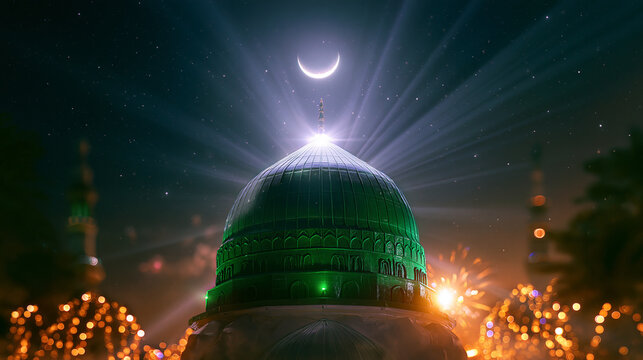 Prophet's Mosque Green Dome Crescent Moon Rays Night Photo