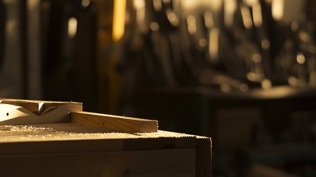 dovetail. Carpenter's workbench with detailed dovetail joint in focus, blurred tools in background. safety posters.