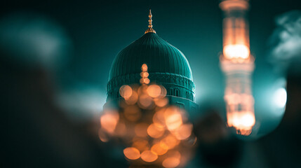 Prophet's Mosque Green Dome Night Bokeh Lights Photography