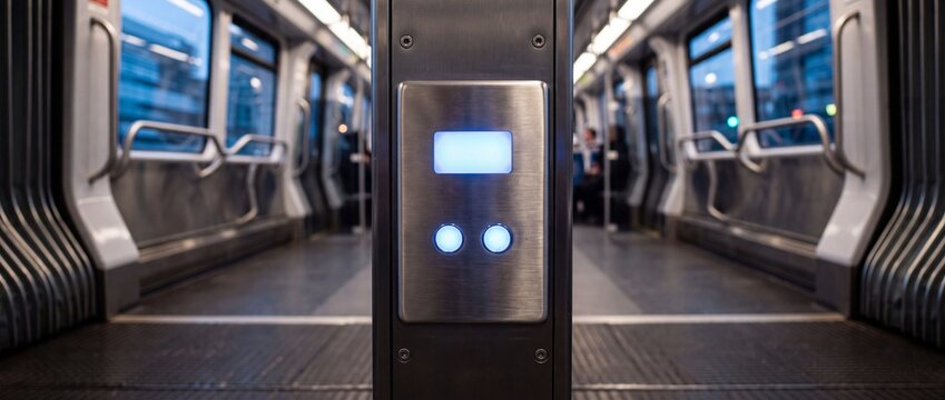 Metallic elevator interior controls featuring blue illuminated touch buttons within modern subway train car for passenger transport systems