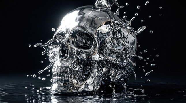 A highly reflective metallic skull is submerged in water, creating a dramatic splash of droplets.