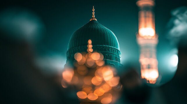 Prophet's Mosque Green Dome Night Bokeh Lights Photography