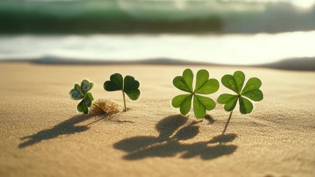 Lucky four-leaf clover and shamrocks on beach sand with ocean background