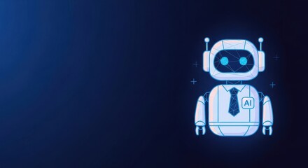 Naklejka premium Modern robot character with tie and shirt, representing artificial intelligence and technology on a dark blue background