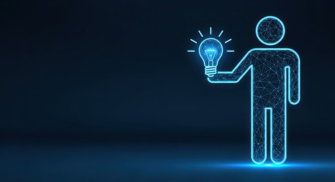 Human figure holding a glowing lightbulb, symbolizing a brilliant idea or innovation concept.