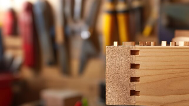 dovetail. Carpenter's workbench with detailed dovetail joint in focus, blurred tools in background. safety posters.