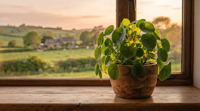 A vibrant pothos plant sits on a wooden windowsill, framing a picturesque rural landscape.