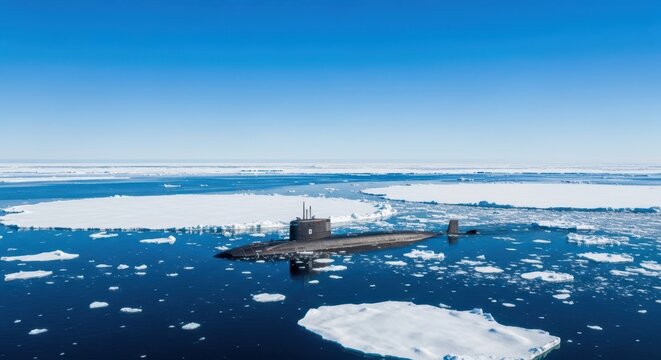 Naval submarine navigating through icy arctic waters under a clear blue sky