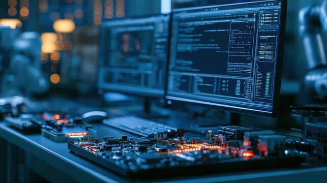 Embedded System firmware control automation intelligent devices industrial evolution selective focus robotics laboratory futuristic Composite embedded development bench. 