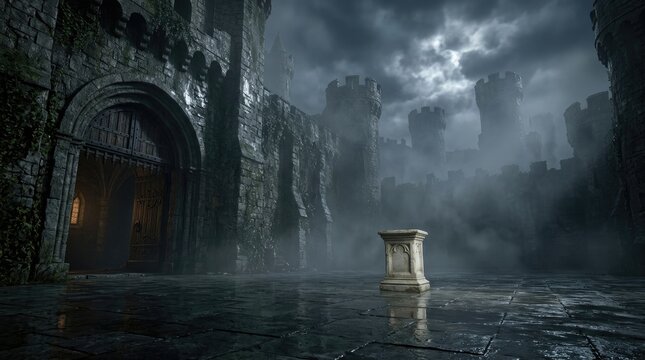 A dark and moody gothic castle entrance under a stormy night sky to wish everyone a happy halloween celebration