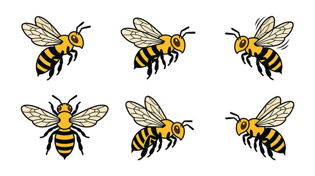 Colorful cartoon bee illustrations in various flying poses.
