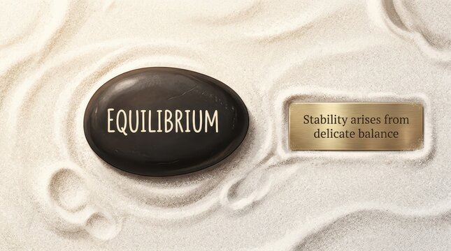 Zen garden with a polished black stone inscribed with 'EQUILIBRIUM' and a brass plaque stating 'Stability arises from delicate balance'