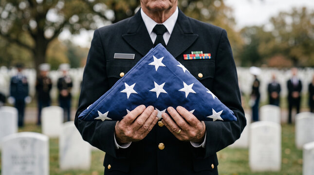 Hands holding a folded flag at a military funeral &mdash; honor tribute and dignified memorial ceremony concept.