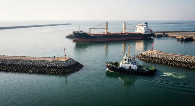 Powerful tugboat assists large cargo ship maneuvering into harbor, showcasing maritime operations and port activity.