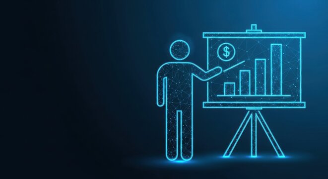 Digital Business Analyst Presenting Financial Growth Chart with Data Analytics on a Futuristic Board