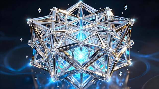 Intricate silver geometric polyhedron with glowing blue core