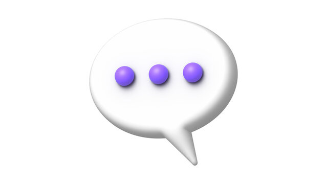 3D rendering of an isolated white chat bubble icon with purple ellipses representing communication or typing status, digital design element 97