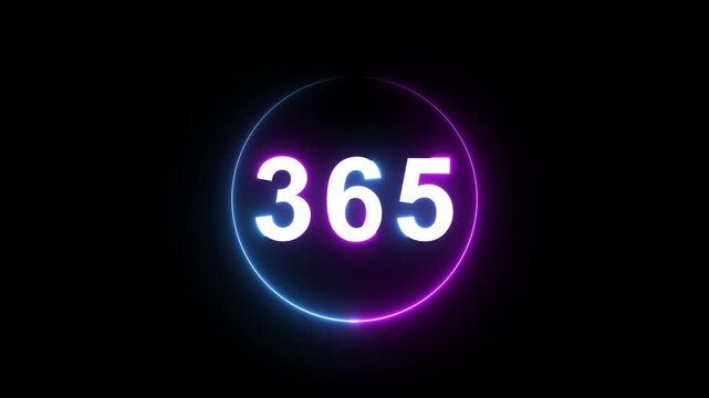A dynamic circular animation, and glowing count neon number 365 animation . on a black background. and creating a stunning 4k video.