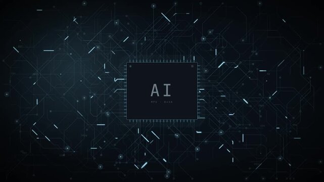 AI microchip at the centre of a dark circuit board background, with faint traces and glowing data pulses in cool blue, for computing and hardware themes