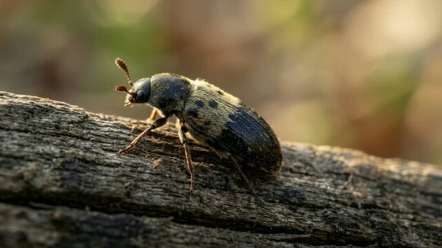 larder beetle close up at morning light in england woodland habitat video