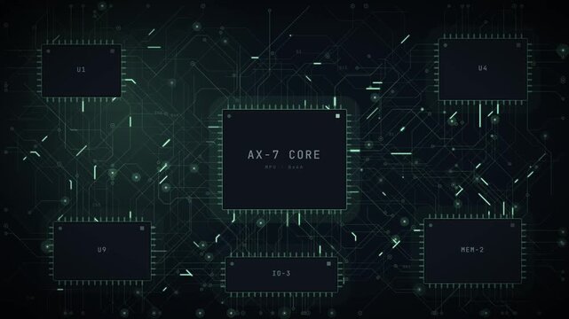 Circuit board layout with a labelled central processor core, surrounded by memory and input output chips, in green on a dark background