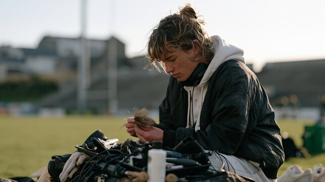 Hairstylist at an overcast GAA pitch balancing a tray of styling tools precariously on a hurling equipment bag, a sample of hair texture held close under careful inspection, the