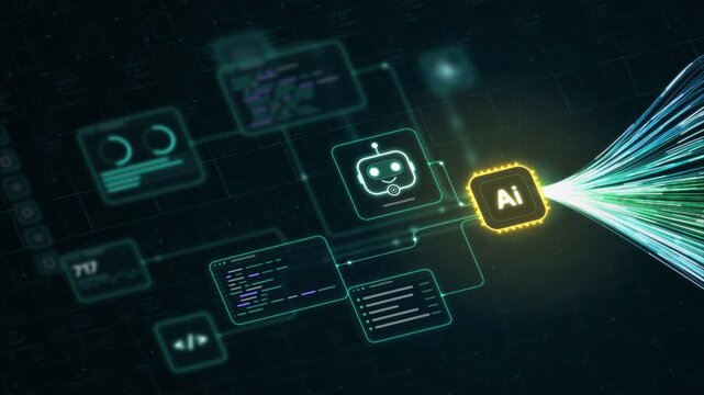 Glowing yellow AI chip linked to a chatbot robot icon, code panels, and dashboards, with green fibre optic light streaks, on a dark technology background